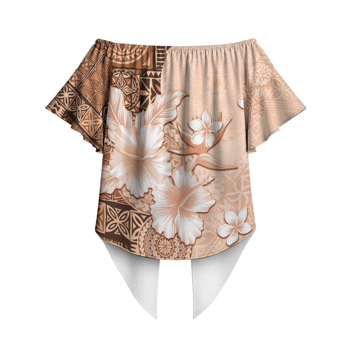 Hawaii Tapa Pattern With Brown Hibiscus Off Shoulder Wrap Waist Top LT05 - Polynesian Pride