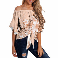 Hawaii Tapa Pattern With Brown Hibiscus Off Shoulder Wrap Waist Top LT05 - Polynesian Pride