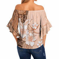 Hawaii Tapa Pattern With Brown Hibiscus Off Shoulder Wrap Waist Top LT05 - Polynesian Pride