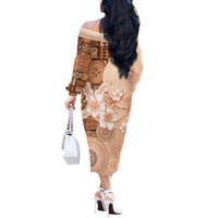 Hawaii Tapa Pattern With Brown Hibiscus Off The Shoulder Long Sleeve Dress LT05 - Polynesian Pride