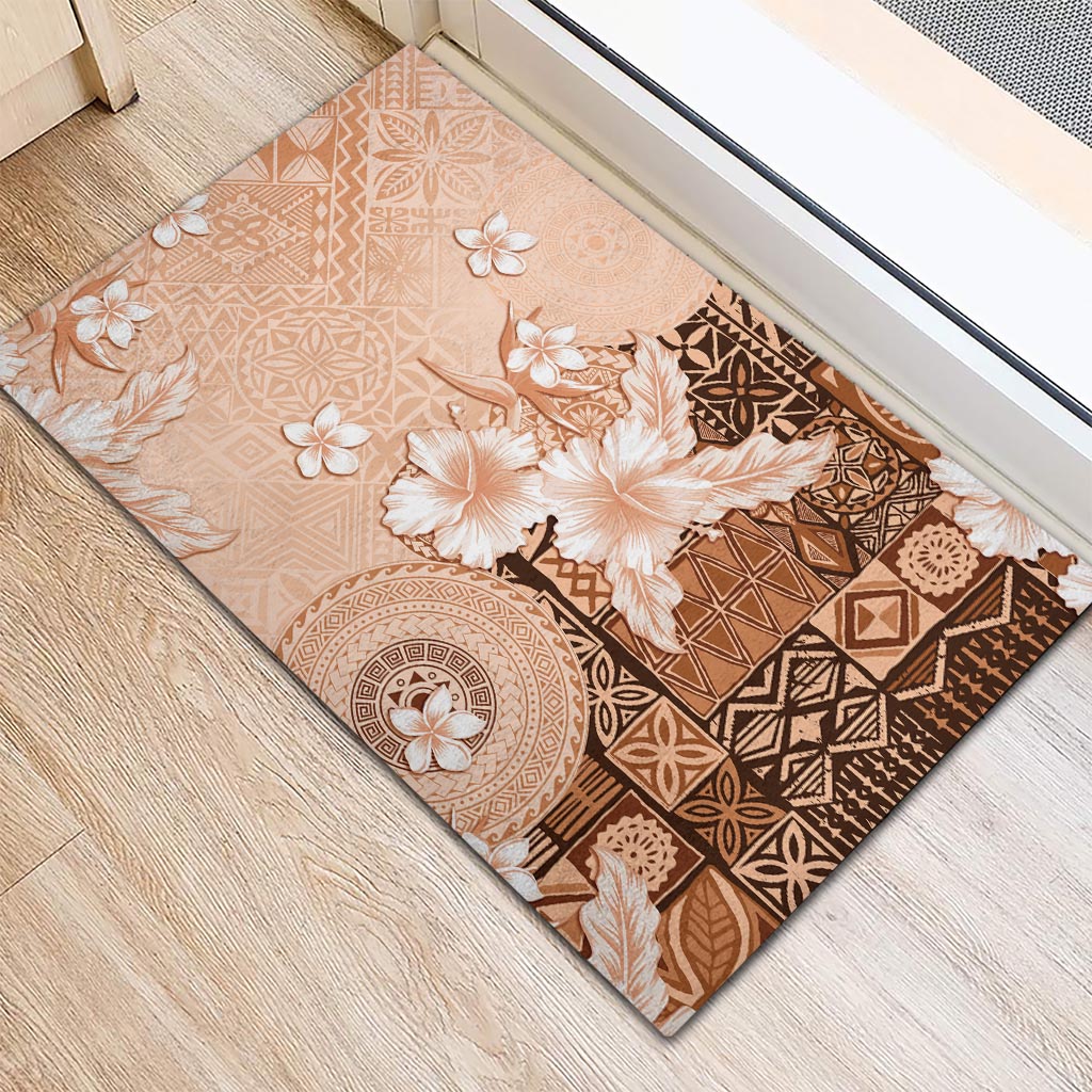 Hawaii Tapa Pattern With Brown Hibiscus Rubber Doormat