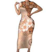 Hawaii Tapa Pattern With Brown Hibiscus Short Sleeve Bodycon Dress LT05 Long Dress Brown - Polynesian Pride