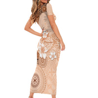 Hawaii Tapa Pattern With Brown Hibiscus Short Sleeve Bodycon Dress LT05 - Polynesian Pride