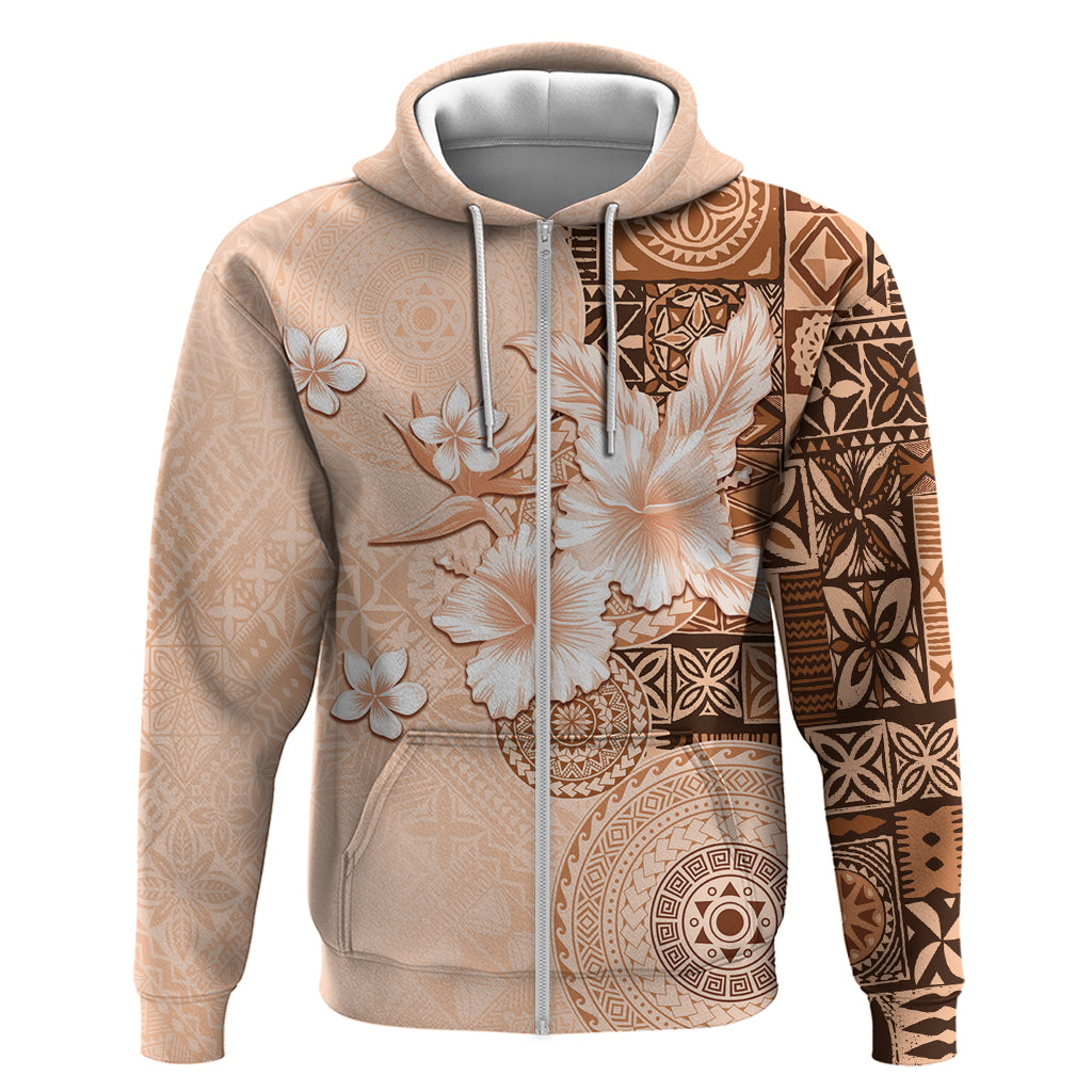 Hawaii Tapa Pattern With Brown Hibiscus Zip Hoodie LT05 Zip Hoodie Brown - Polynesian Pride