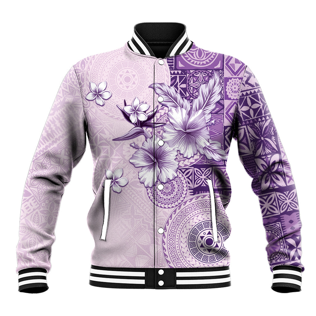 Hawaii Tapa Pattern With Violet Hibiscus Baseball Jacket