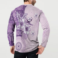 Hawaii Tapa Pattern With Violet Hibiscus Button Sweatshirt