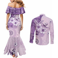 Hawaii Tapa Pattern With Violet Hibiscus Couples Matching Mermaid Dress and Long Sleeve Button Shirt