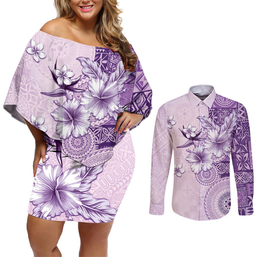 Hawaii Tapa Pattern With Violet Hibiscus Couples Matching Off Shoulder Short Dress and Long Sleeve Button Shirt