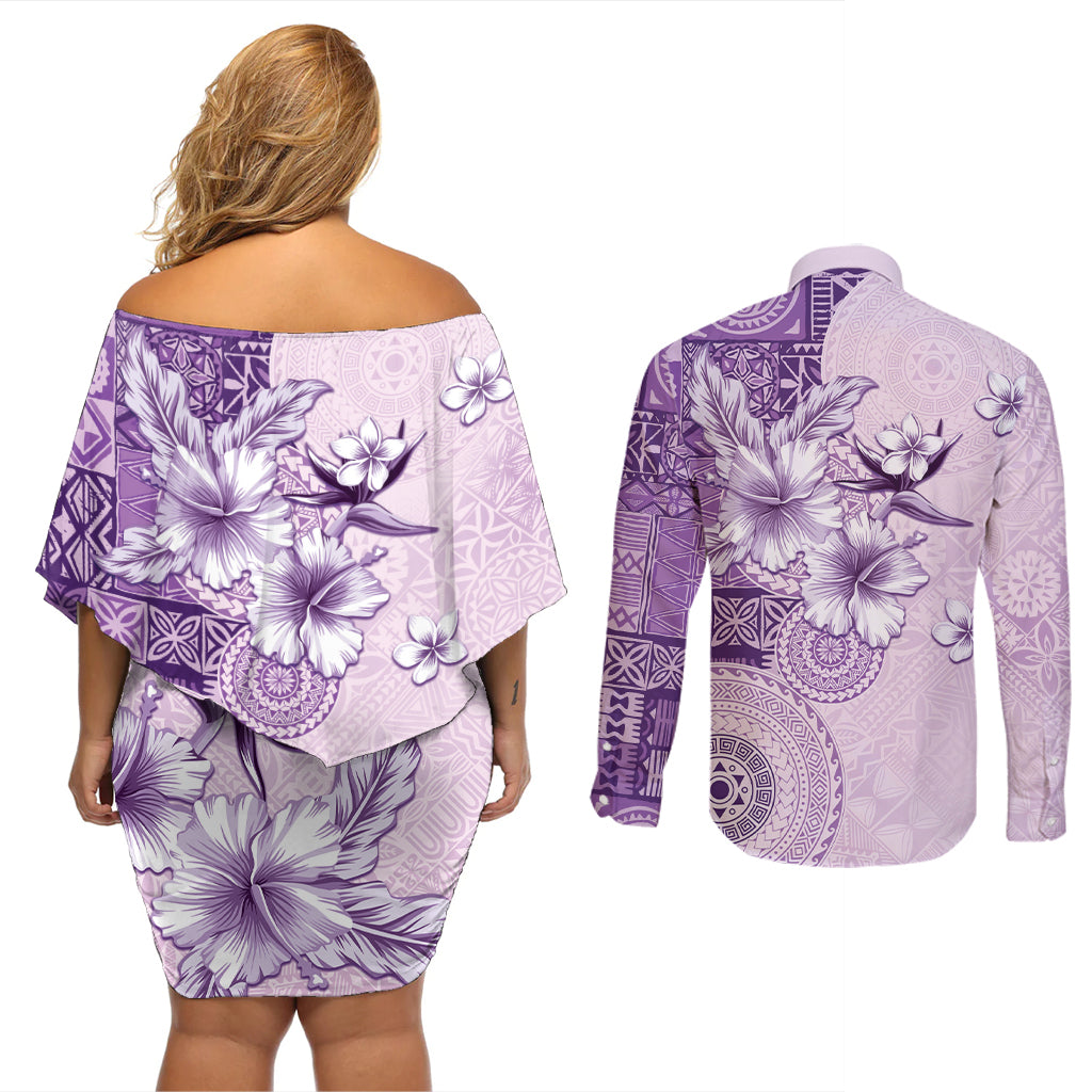 Hawaii Tapa Pattern With Violet Hibiscus Couples Matching Off Shoulder Short Dress and Long Sleeve Button Shirt