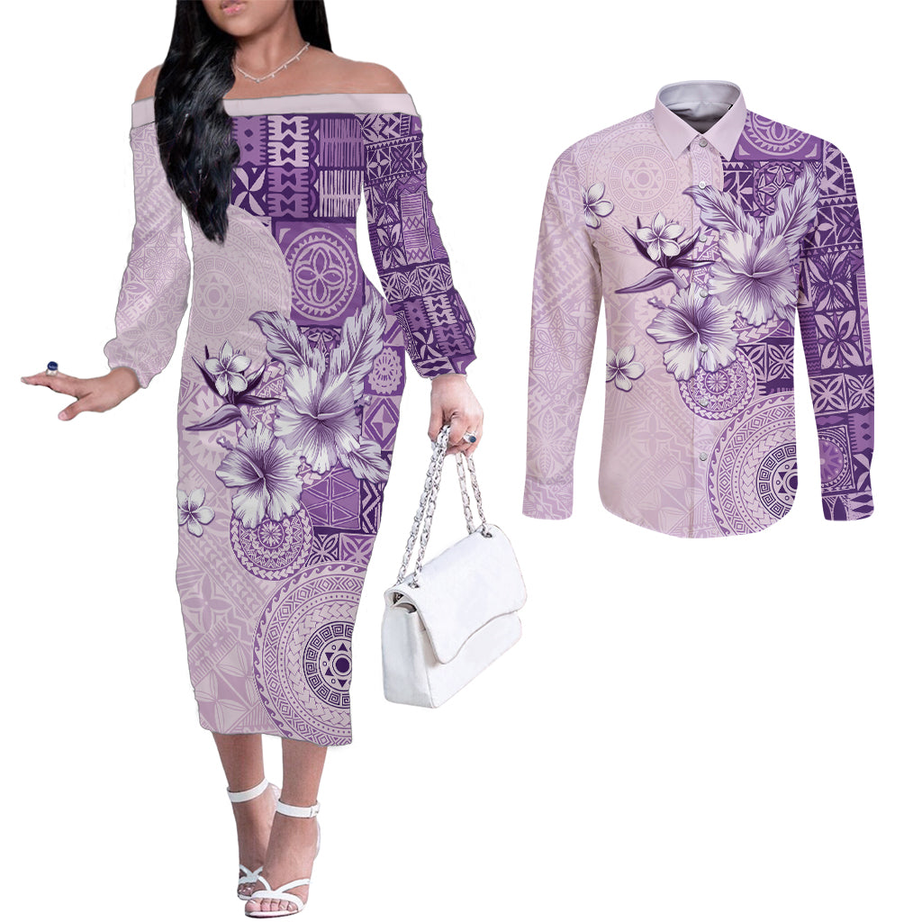 Hawaii Tapa Pattern With Violet Hibiscus Couples Matching Off The Shoulder Long Sleeve Dress and Long Sleeve Button Shirt