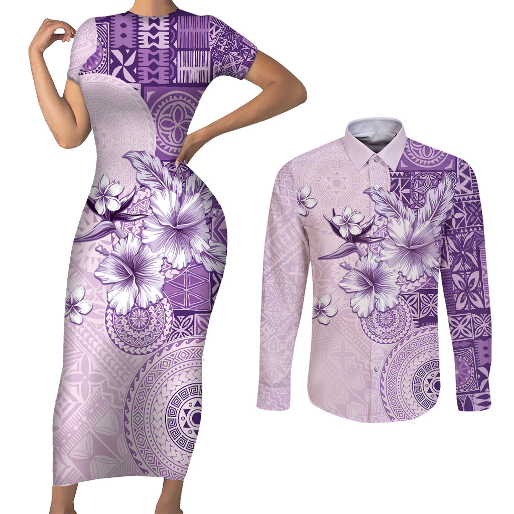 Hawaii Tapa Pattern With Violet Hibiscus Couples Matching Short Sleeve Bodycon Dress and Long Sleeve Button Shirt
