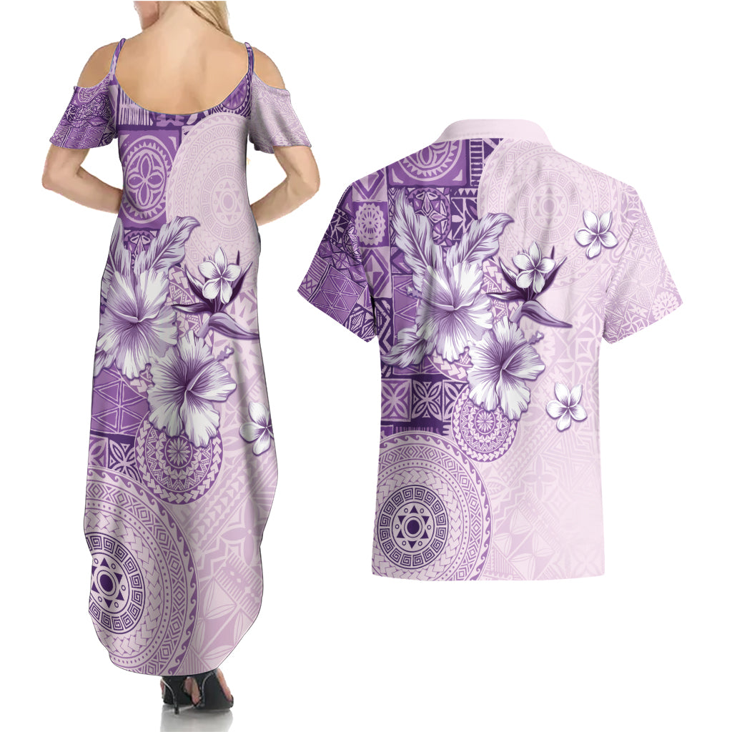 Hawaii Tapa Pattern With Violet Hibiscus Couples Matching Summer Maxi Dress and Hawaiian Shirt