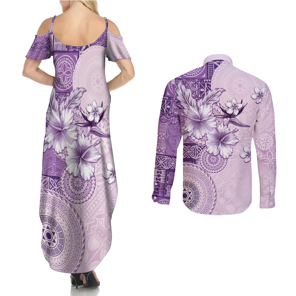 Hawaii Tapa Pattern With Violet Hibiscus Couples Matching Summer Maxi Dress and Long Sleeve Button Shirt