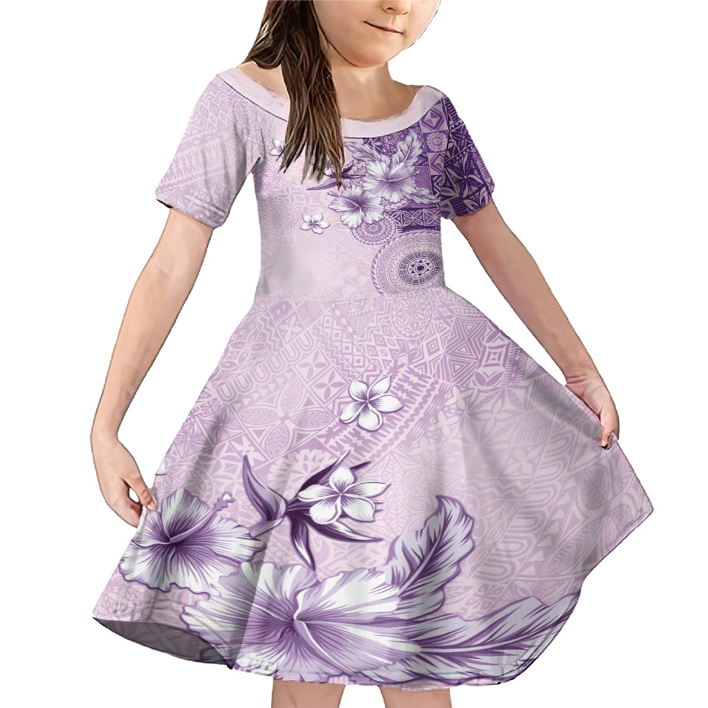 Hawaii Tapa Pattern With Violet Hibiscus Family Matching Mermaid Dress and Hawaiian Shirt LT05 Daughter's Dress Violet - Polynesian Pride