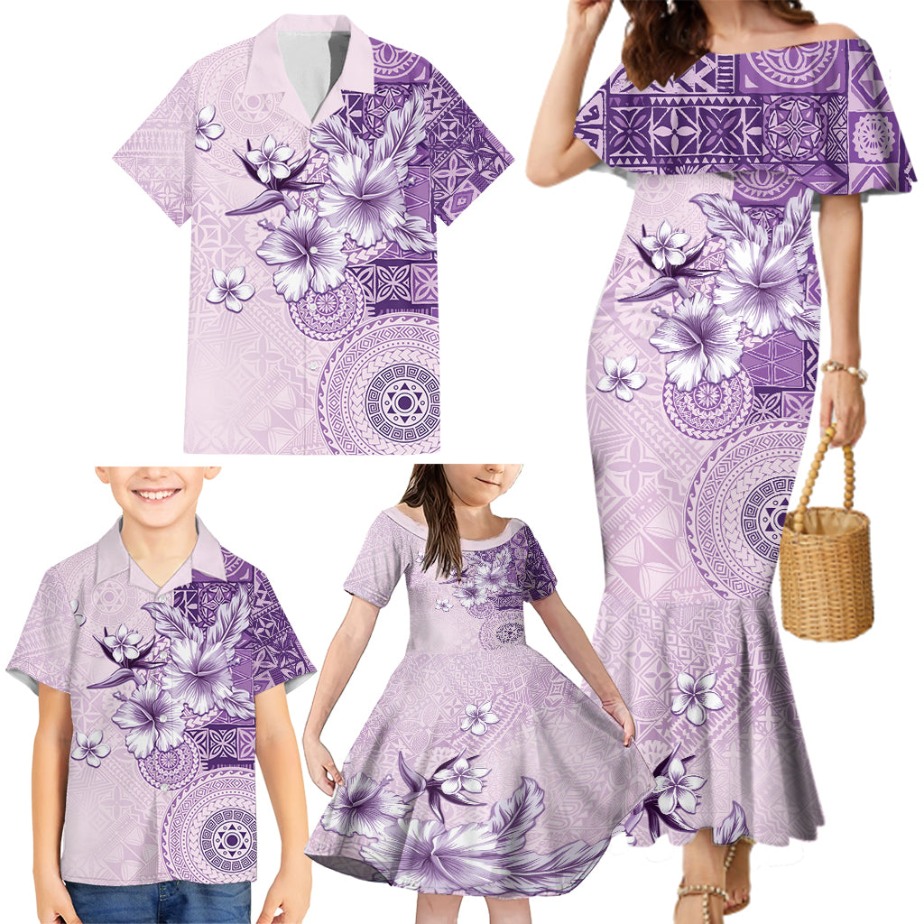 Hawaii Tapa Pattern With Violet Hibiscus Family Matching Mermaid Dress and Hawaiian Shirt LT05 - Polynesian Pride