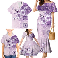Hawaii Tapa Pattern With Violet Hibiscus Family Matching Mermaid Dress and Hawaiian Shirt LT05 - Polynesian Pride