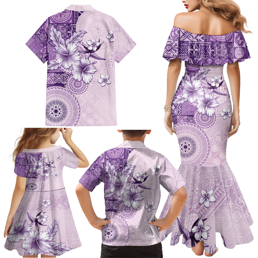 Hawaii Tapa Pattern With Violet Hibiscus Family Matching Mermaid Dress and Hawaiian Shirt LT05 - Polynesian Pride