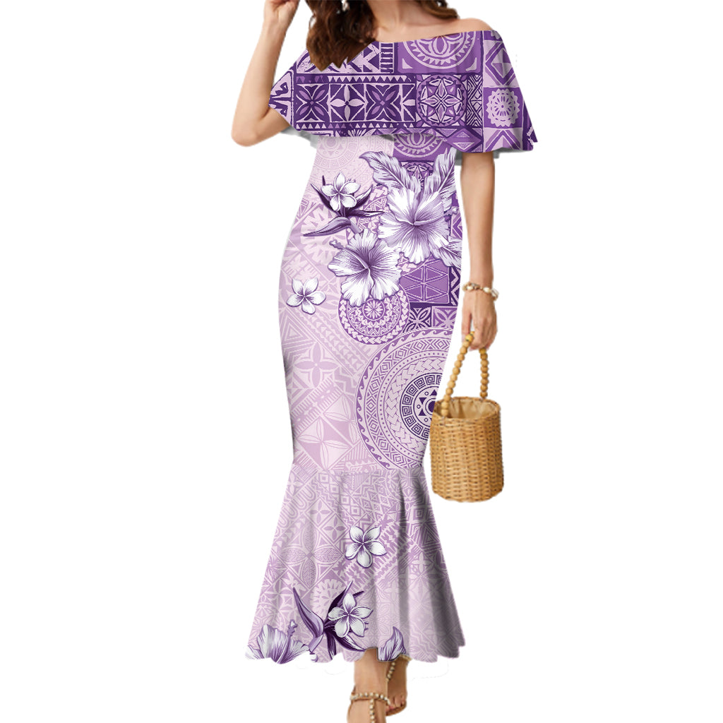 Hawaii Tapa Pattern With Violet Hibiscus Family Matching Mermaid Dress and Hawaiian Shirt LT05 Mom's Dress Violet - Polynesian Pride