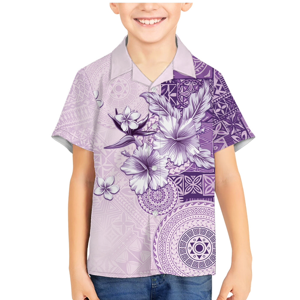Hawaii Tapa Pattern With Violet Hibiscus Family Matching Mermaid Dress and Hawaiian Shirt LT05 Son's Shirt Violet - Polynesian Pride