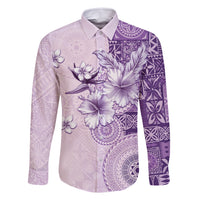 Hawaii Tapa Pattern With Violet Hibiscus Family Matching Off Shoulder Maxi Dress and Hawaiian Shirt LT05 Dad's Shirt - Long Sleeve Violet - Polynesian Pride