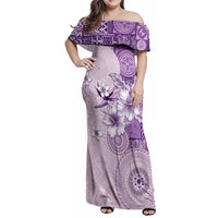 Hawaii Tapa Pattern With Violet Hibiscus Family Matching Off Shoulder Maxi Dress and Hawaiian Shirt LT05 Mom's Dress Violet - Polynesian Pride