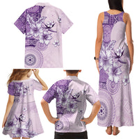 Hawaii Tapa Pattern With Violet Hibiscus Family Matching Tank Maxi Dress and Hawaiian Shirt