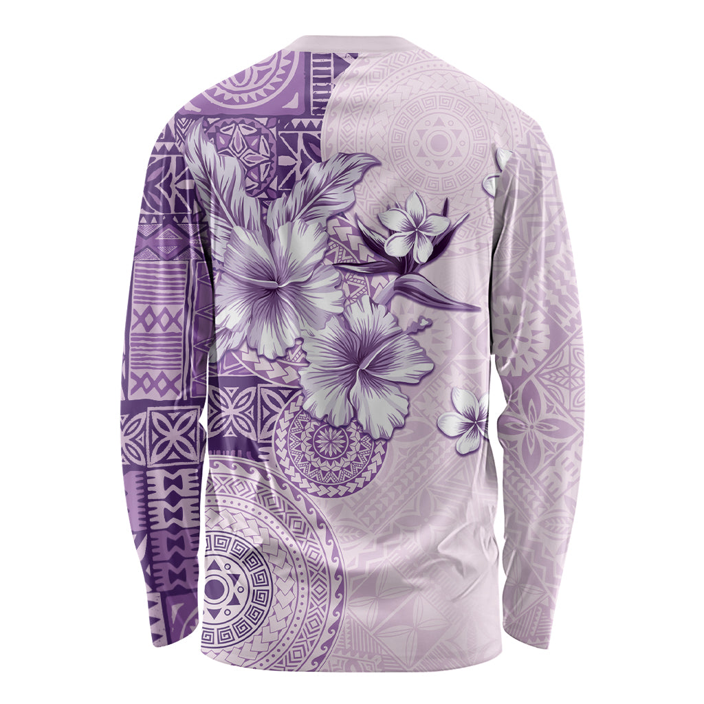 Hawaii Tapa Pattern With Violet Hibiscus Long Sleeve Shirt LT05 - Polynesian Pride