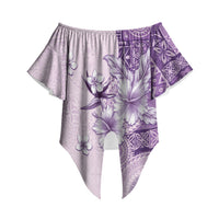 Hawaii Tapa Pattern With Violet Hibiscus Off Shoulder Wrap Waist Top LT05 Violet - Polynesian Pride