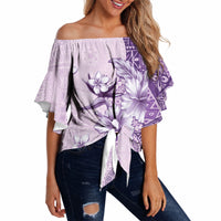 Hawaii Tapa Pattern With Violet Hibiscus Off Shoulder Wrap Waist Top LT05 - Polynesian Pride