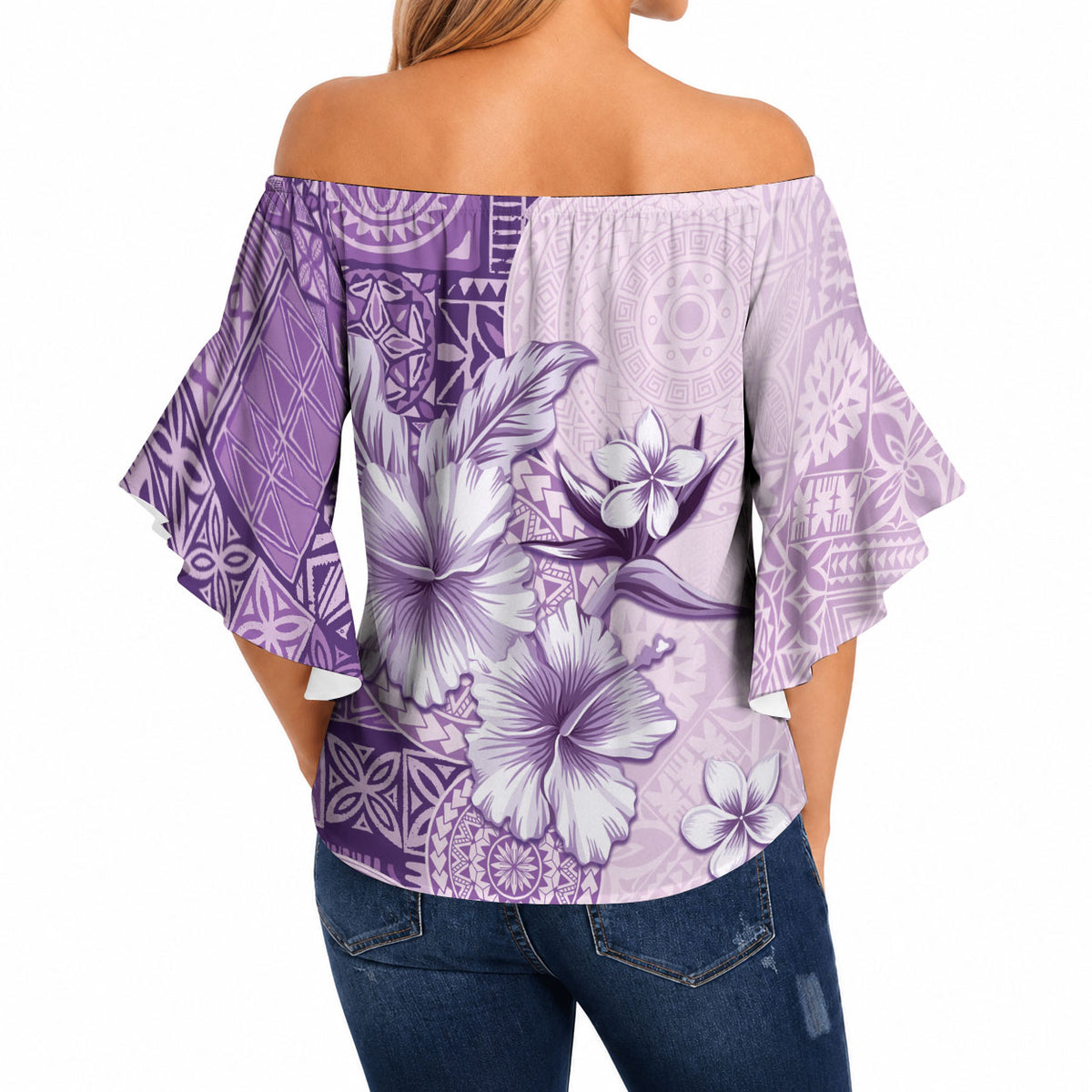 Hawaii Tapa Pattern With Violet Hibiscus Off Shoulder Wrap Waist Top LT05 - Polynesian Pride
