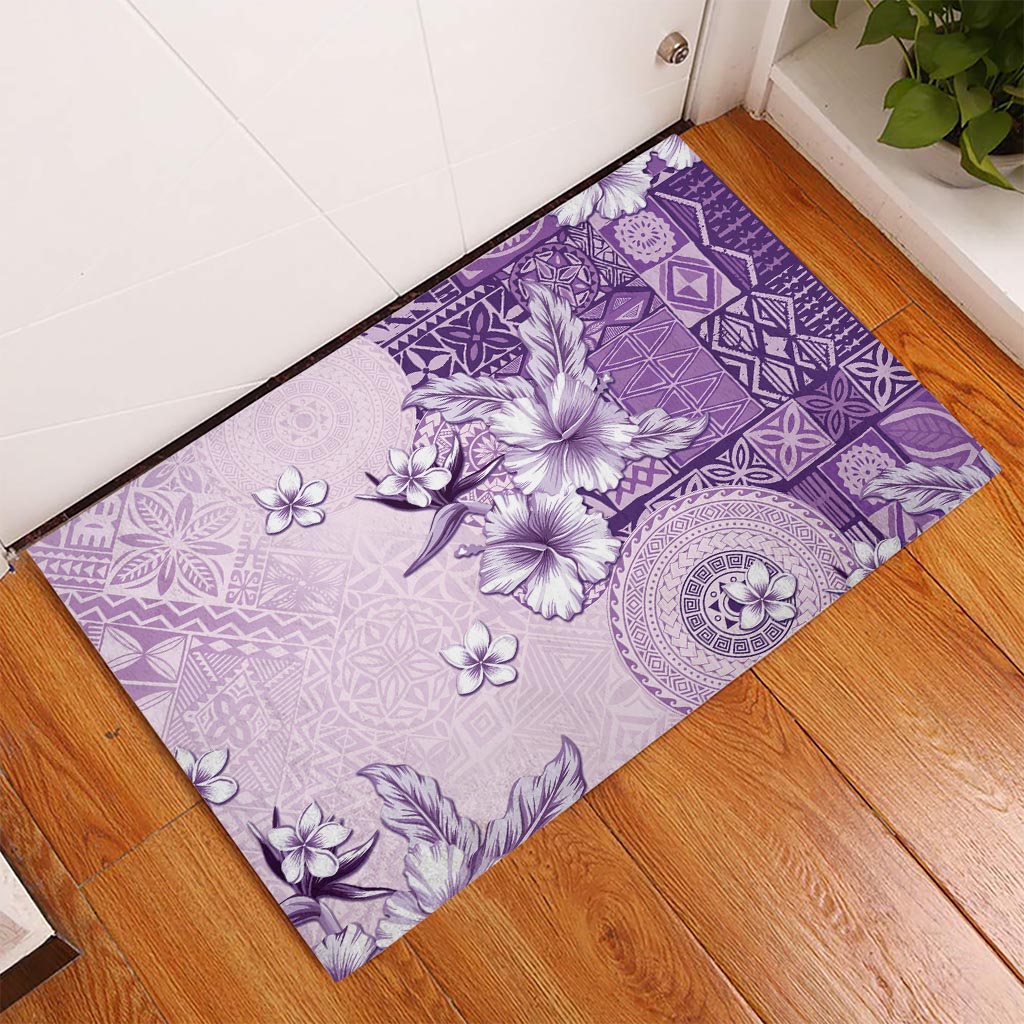 Hawaii Tapa Pattern With Violet Hibiscus Rubber Doormat