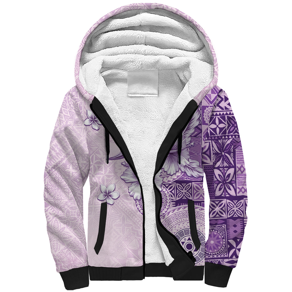 Hawaii Tapa Pattern With Violet Hibiscus Sherpa Hoodie LT05 Unisex Violet - Polynesian Pride