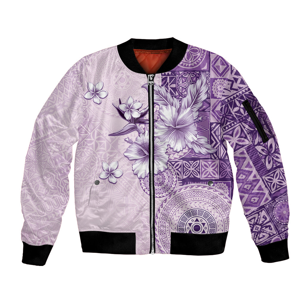 Hawaii Tapa Pattern With Violet Hibiscus Sleeve Zip Bomber Jacket LT05 Unisex Violet - Polynesian Pride