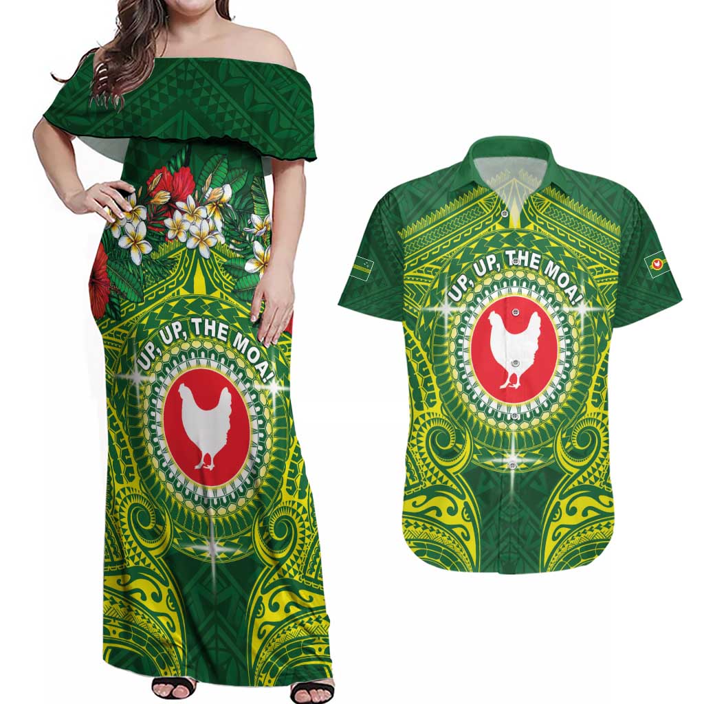 Personalized American Samoa Manua Cession Day Couples Matching Off Shoulder Maxi Dress and Hawaiian Shirt Up Up The Moa LT05 Green - Polynesian Pride
