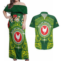 Personalized American Samoa Manua Cession Day Couples Matching Off Shoulder Maxi Dress and Hawaiian Shirt Up Up The Moa LT05 Green - Polynesian Pride