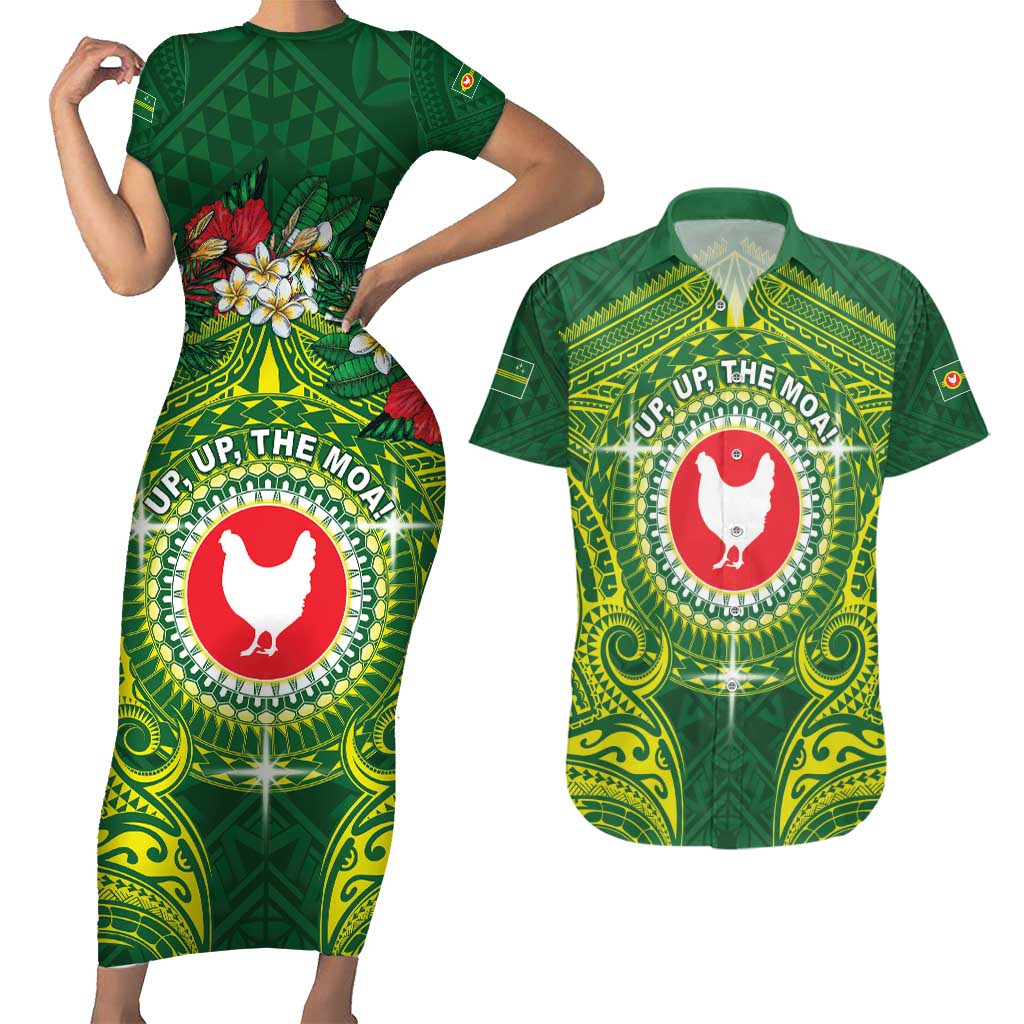 Personalized American Samoa Manua Cession Day Couples Matching Short Sleeve Bodycon Dress and Hawaiian Shirt Up Up The Moa LT05 Green - Polynesian Pride