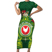 Personalized American Samoa Manua Cession Day Family Matching Short Sleeve Bodycon Dress and Hawaiian Shirt Up Up The Moa LT05 Mom's Dress Green - Polynesian Pride