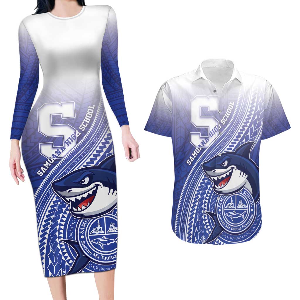 Personalized Samoana High School Couples Matching Long Sleeve Bodycon Dress and Hawaiian Shirt Polynesian Tribal Shark LT05 Blue - Polynesian Pride