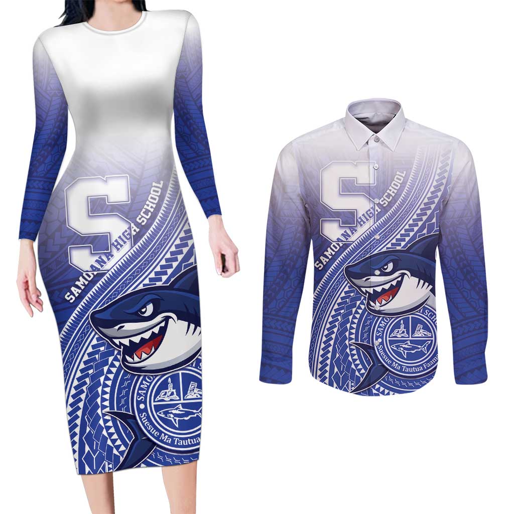 Personalized Samoana High School Couples Matching Long Sleeve Bodycon Dress and Long Sleeve Button Shirt Polynesian Tribal Shark LT05 Blue - Polynesian Pride