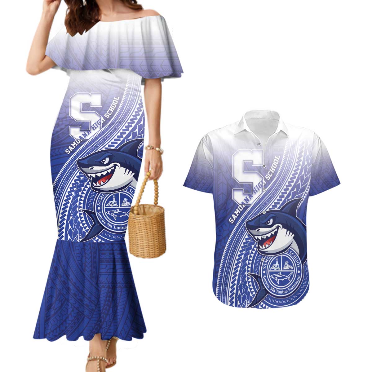Personalized Samoana High School Couples Matching Mermaid Dress and Hawaiian Shirt Polynesian Tribal Shark LT05 Blue - Polynesian Pride