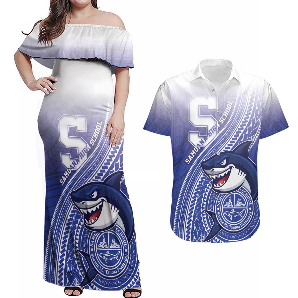 Personalized Samoana High School Couples Matching Off Shoulder Maxi Dress and Hawaiian Shirt Polynesian Tribal Shark LT05 Blue - Polynesian Pride