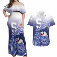 Personalized Samoana High School Couples Matching Off Shoulder Maxi Dress and Hawaiian Shirt Polynesian Tribal Shark LT05 Blue - Polynesian Pride