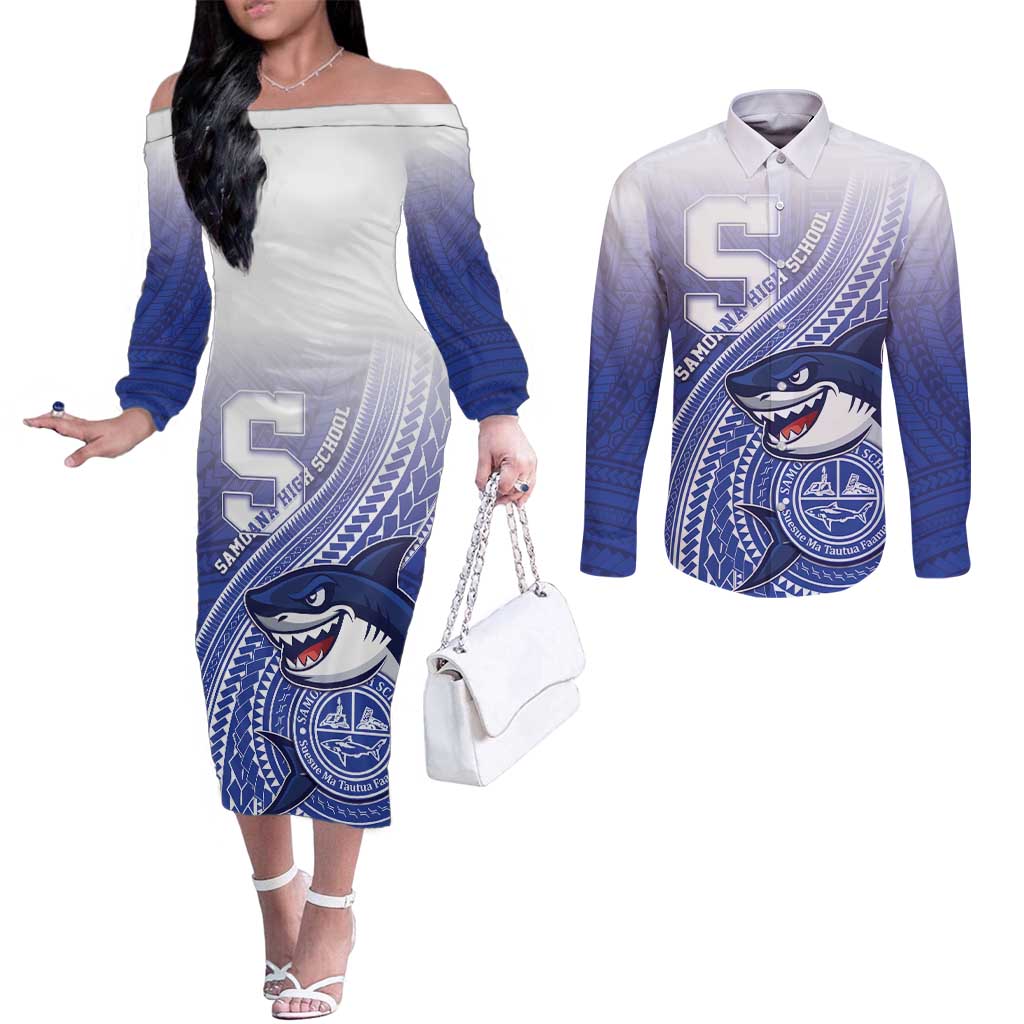 Personalized Samoana High School Couples Matching Off The Shoulder Long Sleeve Dress and Long Sleeve Button Shirt Polynesian Tribal Shark LT05 Blue - Polynesian Pride