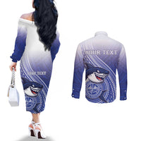Personalized Samoana High School Couples Matching Off The Shoulder Long Sleeve Dress and Long Sleeve Button Shirt Polynesian Tribal Shark LT05 - Polynesian Pride