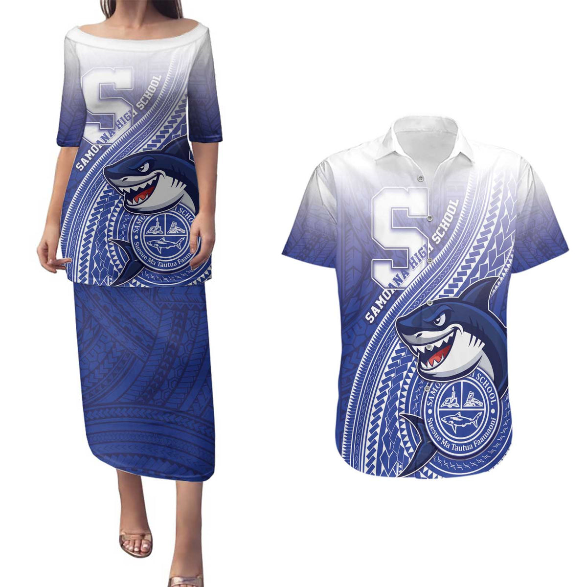 Personalized Samoana High School Couples Matching Puletasi and Hawaiian Shirt Polynesian Tribal Shark
