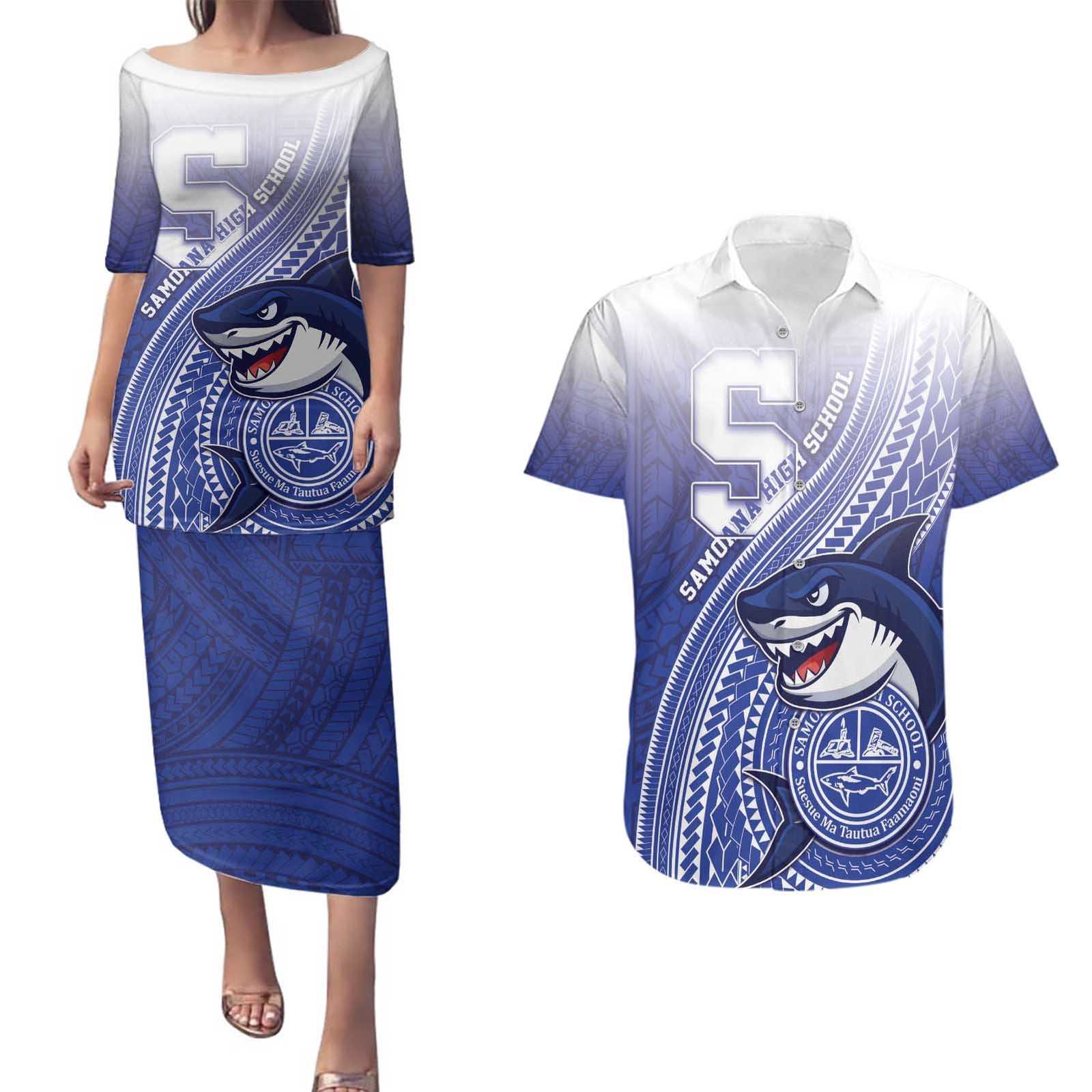 Personalized Samoana High School Couples Matching Puletasi and Hawaiian Shirt Polynesian Tribal Shark