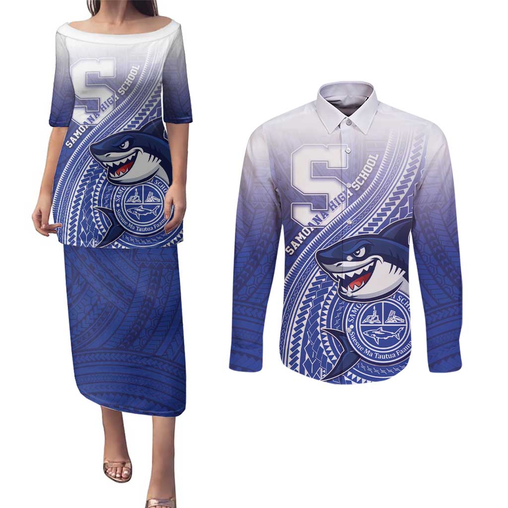 Personalized Samoana High School Couples Matching Puletasi and Long Sleeve Button Shirt Polynesian Tribal Shark LT05 Blue - Polynesian Pride