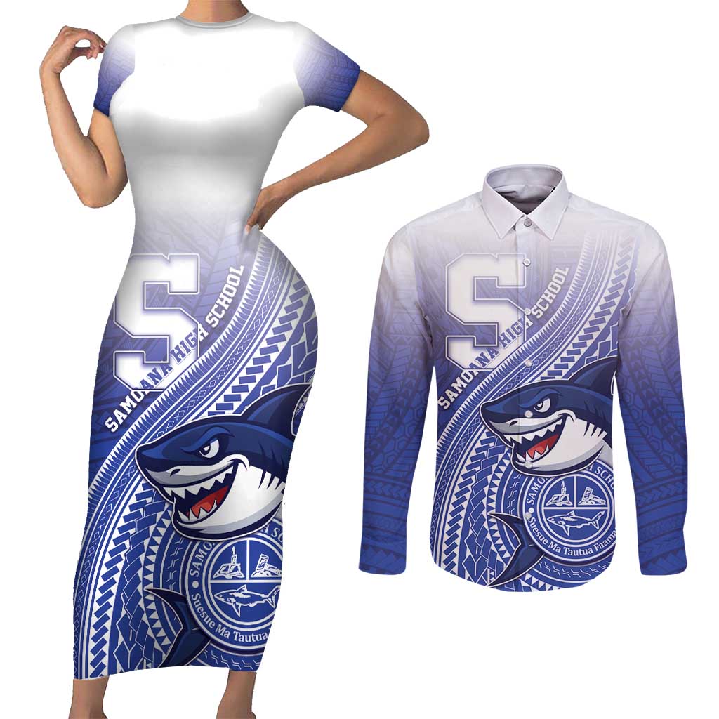 Personalized Samoana High School Couples Matching Short Sleeve Bodycon Dress and Long Sleeve Button Shirt Polynesian Tribal Shark LT05 Blue - Polynesian Pride