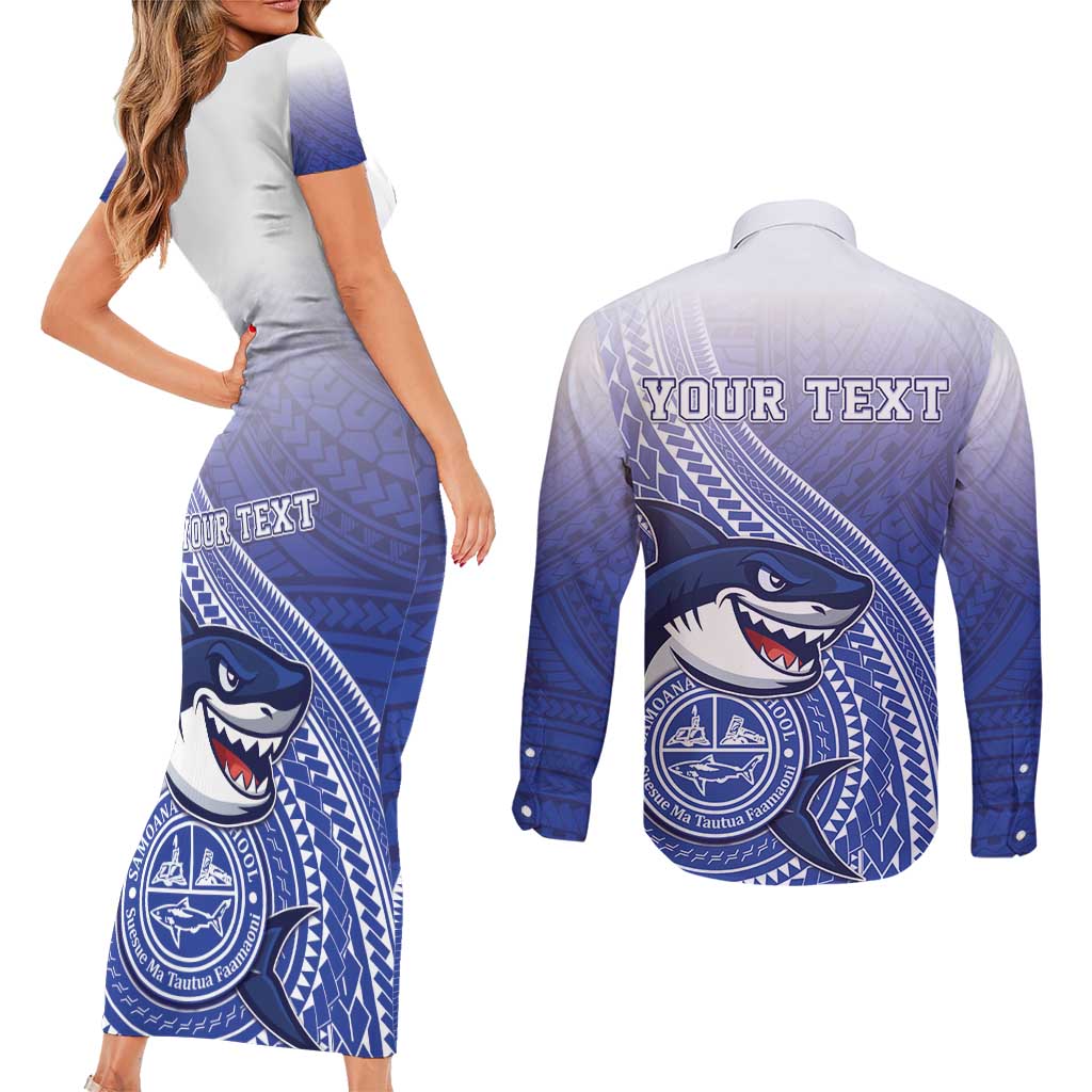 Personalized Samoana High School Couples Matching Short Sleeve Bodycon Dress and Long Sleeve Button Shirt Polynesian Tribal Shark LT05 - Polynesian Pride