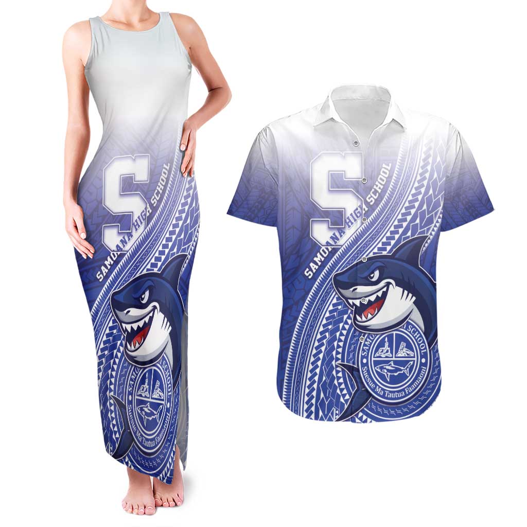 Personalized Samoana High School Couples Matching Tank Maxi Dress and Hawaiian Shirt Polynesian Tribal Shark LT05 Blue - Polynesian Pride